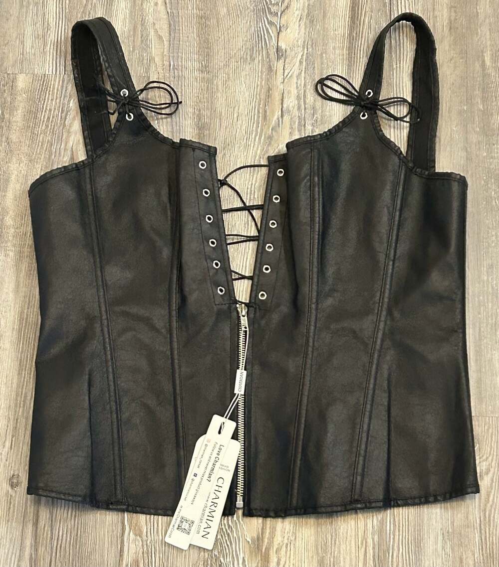 Charmian Faux Leather Lace-Up Corset Top Black Size XL